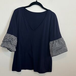 Como Vintage Navy Blue V-Neck T-Shirt, Gingham Double Ruffle Sleeves Size Large